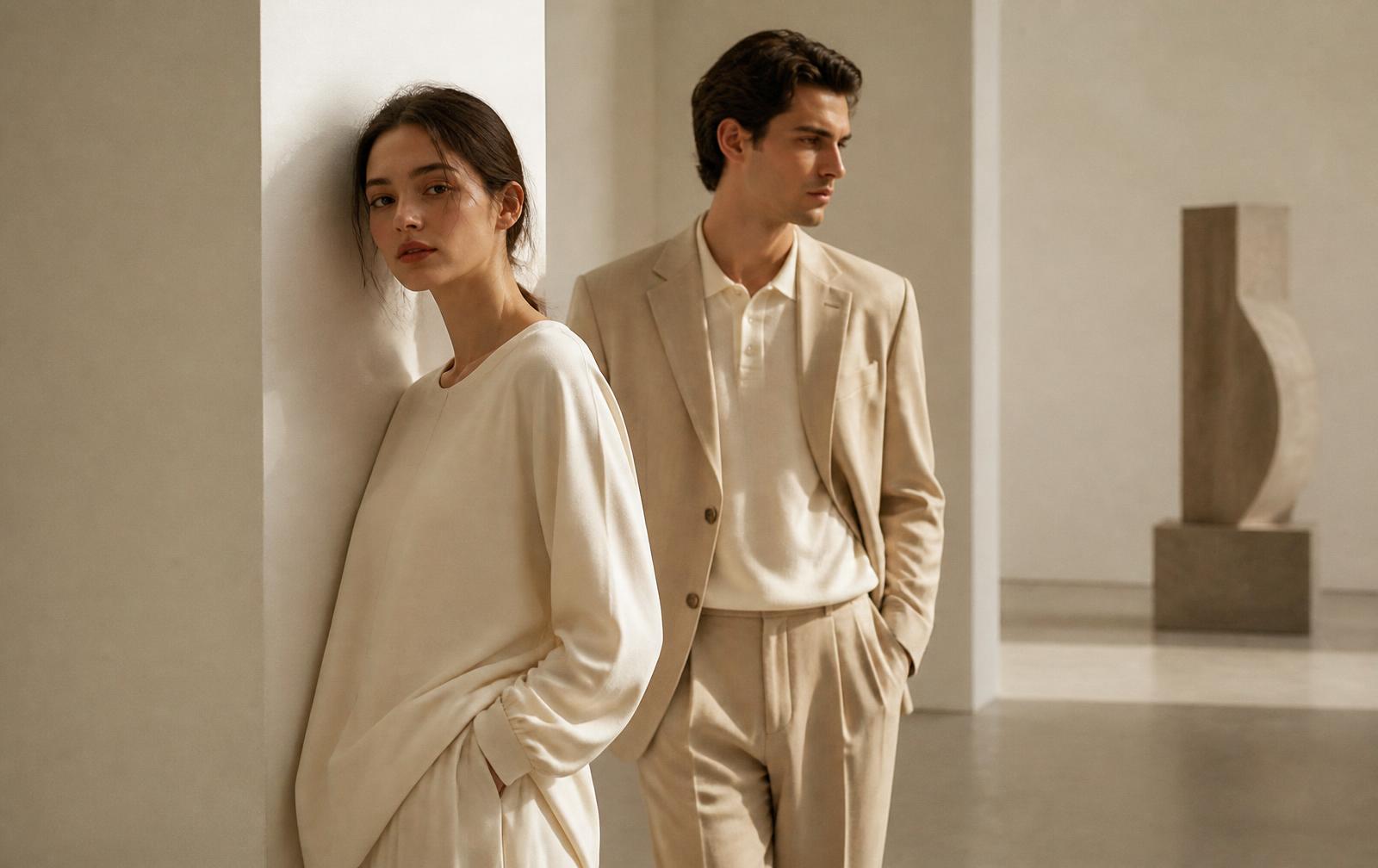 Dos modelos con prendas de tonos crema y arena en un espacio minimalista